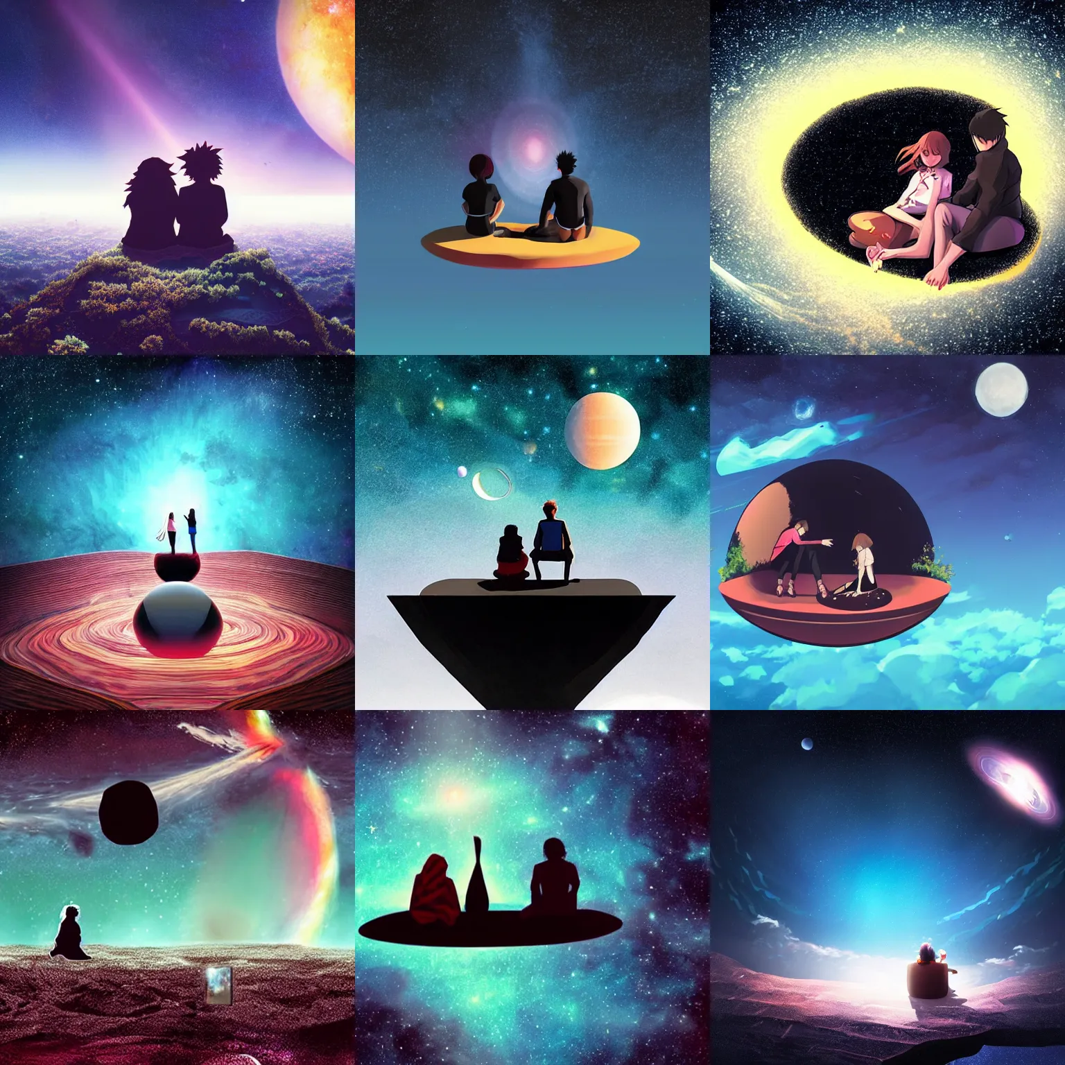 Prompt: black contrast vibrant style two people stuck on a very tiny floating island overlooking a black hole after the destruction of earth vast space infinite void nebula stars makoto shinkai ecretion disc picnic table