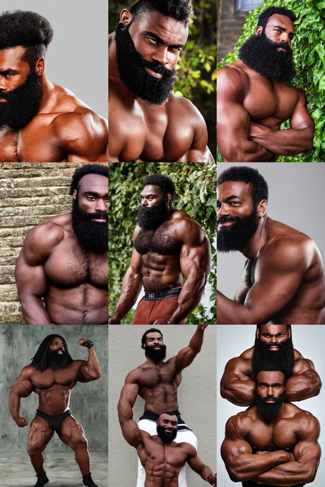 Prompt: african american gigachad with thick black beard, huge glistening muscles, very smug, wearing ivy laurels hd dolby digital,
