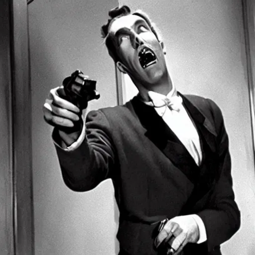 Prompt: scene from the horror picture show with james stewart!!!! james stewart!!!! is acting surprised and holds a revolver