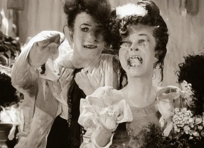 Image similar to bride of frankenstein as a teen, still from john hughes movie sixteen candles