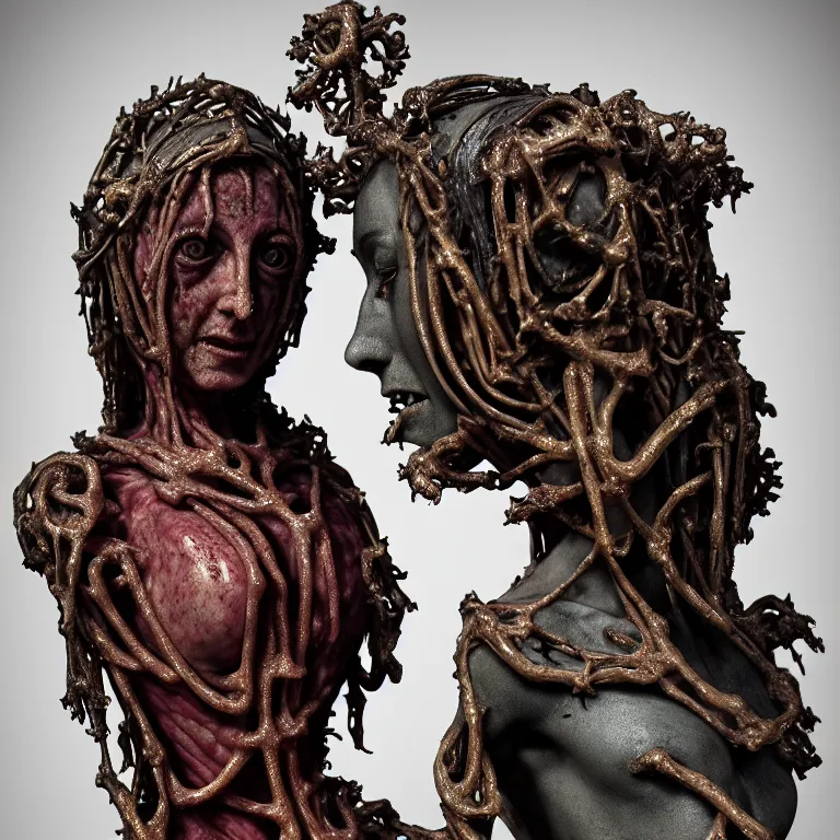 Image similar to dark biomechanical ribbed religious sculpture statue of Madonna and Jesus made of rotten flesh meat, suffering, pastel colorful mold, baroque painting, beautiful detailed intricate insanely detailed octane render, organic 8K artistic photography, photorealistic, chiaroscuro, Raphael, Caravaggio, Giger, Beksinski, black background, volumetric light