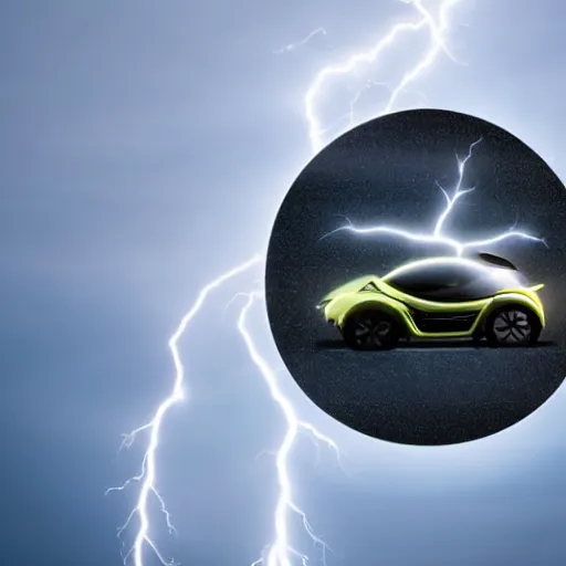 Image similar to futuristic flying car emerging from a circular portal made of lightning in the sky, thunderstorms at night, 8k 28mm cinematic photo