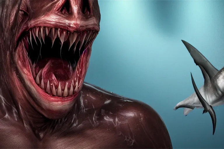 Image similar to half human half shark made of muscles and flesh, very angry, teeth, ambient light, terror, glows, realistic, photo - realism, hyper realism, picture, detailed, 3 d render, scary, distant shot, in the distance,