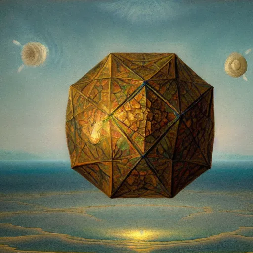 Image similar to a highly detailed oil painting of an icosahedron floating above a lake, Agostino Arrivabene