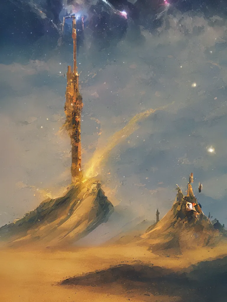 Prompt: tarot card of a tower in a dune sea by John Berkey and Peter Mohrbacher, moody lighting, rocky cliffs