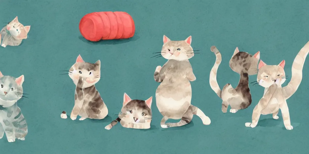 Prompt: watercolor illustration style, cute! cats training in gym