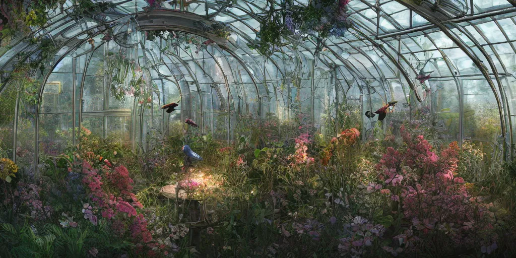 Prompt: glass greenhouse, alien world, birds, flowers, fairy tale, evening lights, highly detailed, low angle view, artstation, mysterious, comfort, in the style of aetherpunk