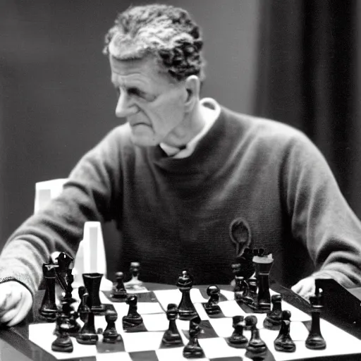 Prompt: ludwig wittgenstein and a humanoid robot, playing chess, dramatic angle