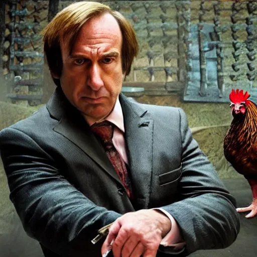 Image similar to saul goodman and a rooster in a medieval torture chamber, saw blades and knives in the background, horror movie, saul goodman!!!!, rooster!!!!, real life photo, detailed face!