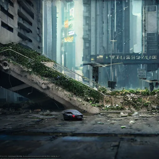 Image similar to beautiful nature reclaiming a dystopian city, cyberpunk, sharp focus, dynamic lights, still, photograph, hyper realistic, masterpiece, octane render, rendered, 3 d, cinematic, cinematic lighting, dramatic lighting, highly detailed, intricate details, texture, cinematic composition, wide shot, by donglu yu and kevin jick and eddie del rio