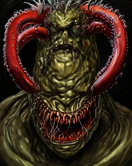 Prompt: Dark fantasy Painting of a hulking muscular demonic flesh creature covered in boils with fish eyes with drool dripping from its mouth, hr giger muscles, tentacles growing from its face, disgusting, creepy, unsettling, horror, upper body, intricate, wild, highly detailed, digital painting, artstation, concept art, smooth, sharp focus, illustration, art by artgerm and greg rutkowski and alphonse mucha