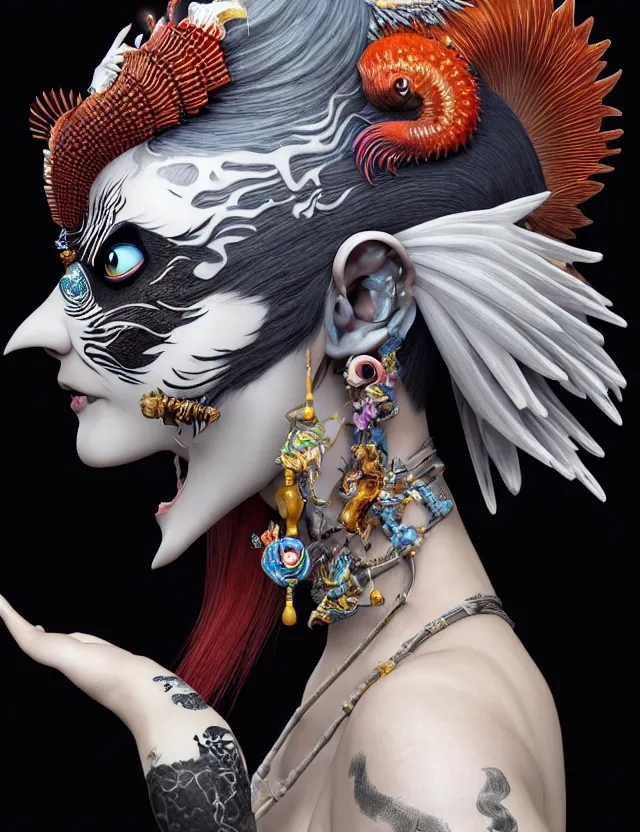 Image similar to 3 d goddess close - up profile portrait punk with mohawk with ram skull. beautiful intricately detailed japanese crow kitsune mask and clasical japanese kimono. betta fish, jellyfish phoenix, bio luminescent, plasma, ice, water, wind, creature, artwork by tooth wu and wlop and beeple and greg rutkowski