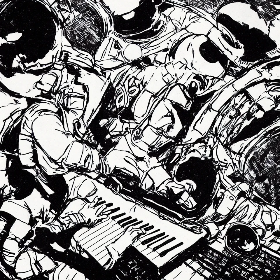 Prompt: an astronaut helmet playing a keyboard by jack kirby, dynamic lighting, cinematic, epic composition, masterpiece