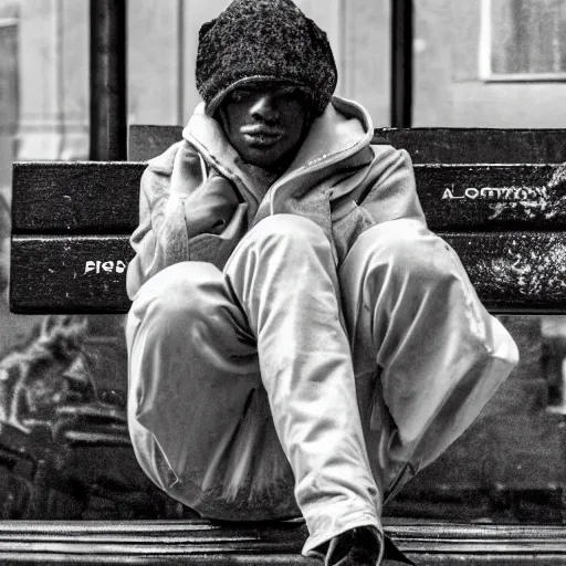 Image similar to black and white fashion photograph, highly detailed portrait of a depressed drug dealer sitting on the bench on a busy street, looking into camera, natural light, rain, mist, lomo, fashion photography, film grain, soft vignette, sigma 85mm f/1.4 1/10 sec shutter