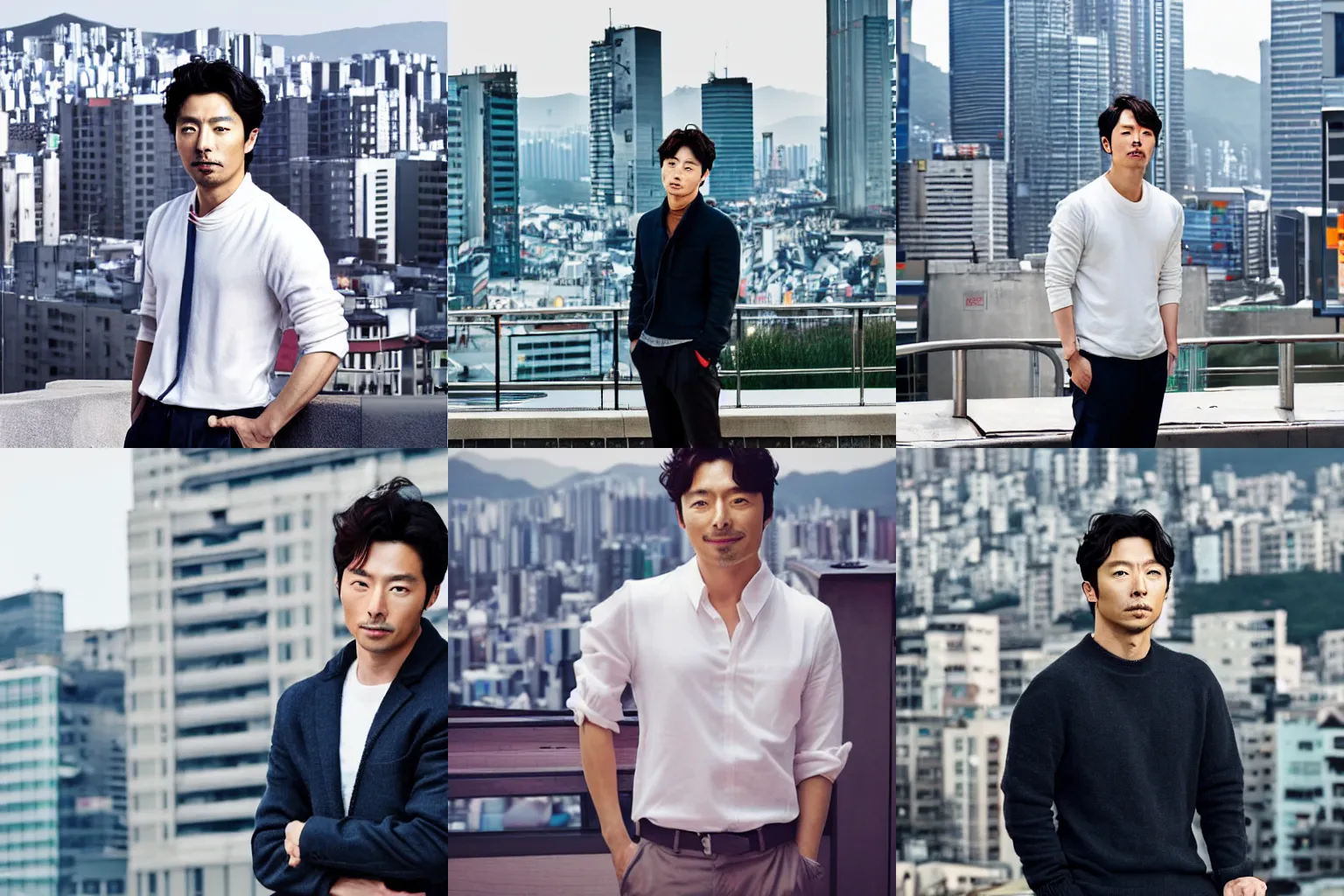 Prompt: korean actor gong yoo portrait, hands in pockets, leaning against building, seoul cityscape background