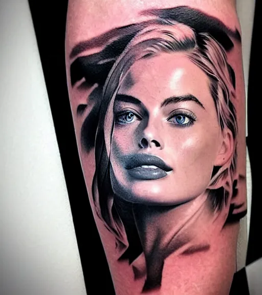 Prompt: mash up tattoo sketch of margot robbie in the shape of beautiful mountains, double exposure effect, in the style of arlo dicristina, hyper realism, amazing detail, sharp