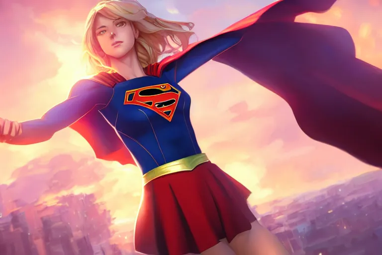 Prompt: supergirl, single subject, scenic full shot, ambient lighting, fierce look, detailed face, by makoto shinkai, stanley artgerm lau, wlop, rossdraws.