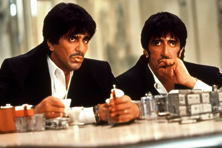Image similar to medium shot. tony montana from movie scarface 1 9 8 3. staying with m 1 6 riffle. table with cocaine in background. al pacino. perfect symmetric face, coherent eyes, fine details, 4 k, ron cobb. cinestill