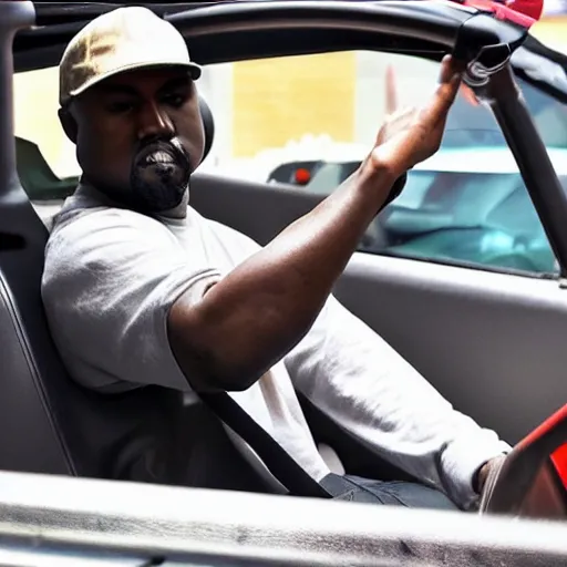 Prompt: Kanye West driving in a go-kart in a mcdonalds drive thru, 8k