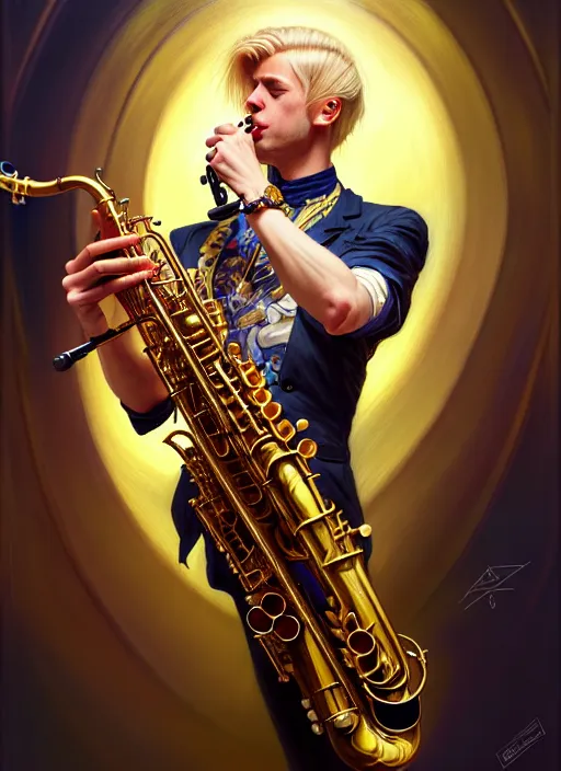 Image similar to portrait of a blond man playing sax, warhammer 40000, cyberpunk, intricate, elegant, highly detailed, digital painting, artstation, concept art, smooth, sharp focus, illustration, art by artgerm and greg rutkowski and alphonse mucha and Gustav Klimt