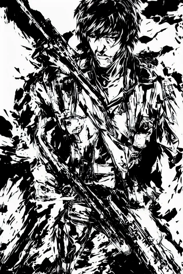 Image similar to a full - body portrait of chainsaw man, in yoji shinkawa's art style, metal gear solid art style, manga, highly detailed, 4 k, artistic, white background, b & w