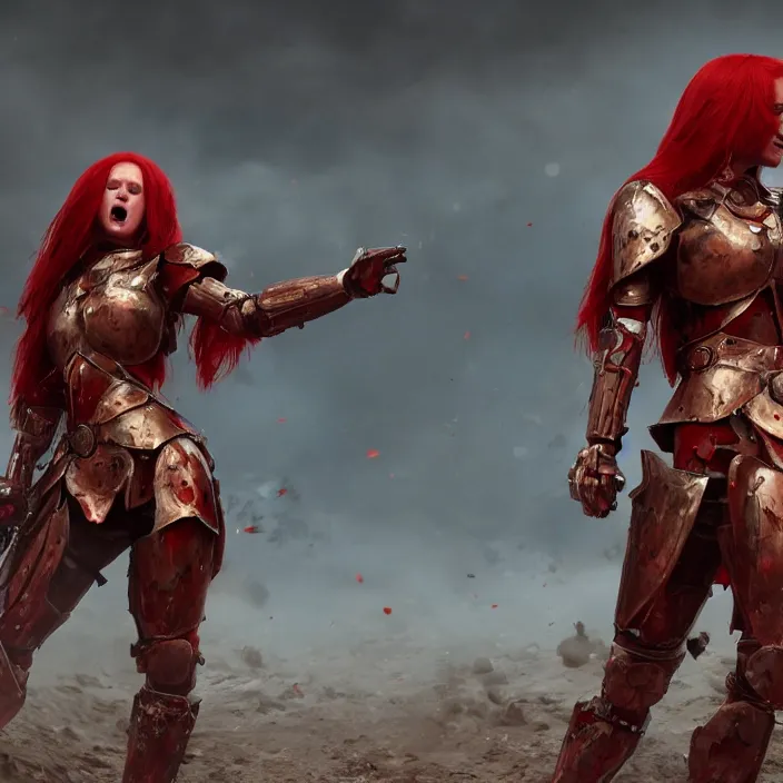 Image similar to a girl with a long red hair wearing a full-body red plate armor screaming in a battlefield, anatomically correct, hyperrealistic, concept art, octane render, unreal engine 5, 8K HDR, highly detailed, high quality, fantasy armor