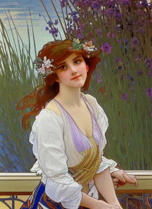 Image similar to pretty young woman leaning against the railing at the beach, path traced, highly detailed, high quality, digital painting, by alphonse mucha, disney