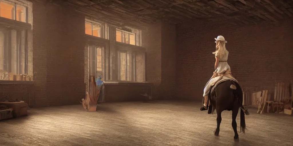 Prompt: an icelandic woman riding 2 1 savage in a warehouse in brooklyn new york in the style of thomas cole, cinematic lighting, raytracing, 8 k, octane render, volumetric, vivid, beautiful, hyperrealism