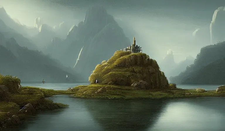 Prompt: A serene landscape with a singular building in the style of Raphael Lacoste.