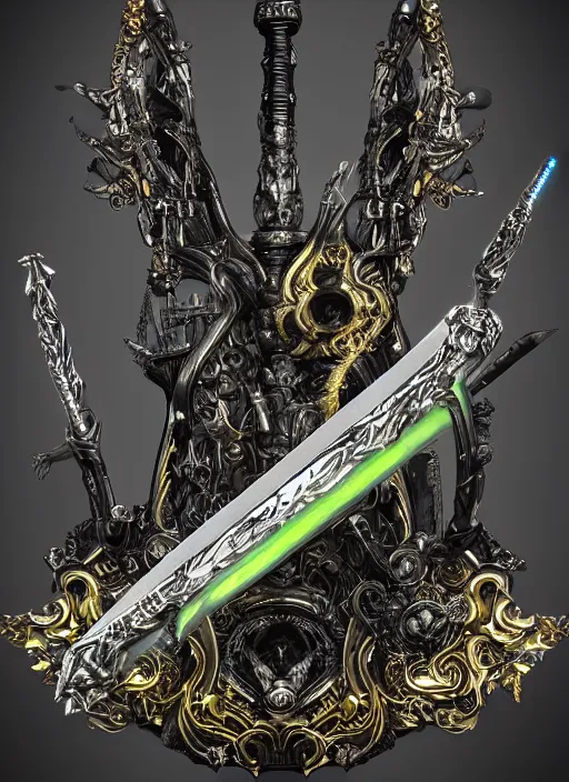 Prompt: legendary glowing sword of cybernetic technology on a table, digital award winning artwork, intimate, intricate, long sharp black and iridescent blade, ornate gothic baroque spikes coming out, colorful hilt, vivid detailed realistic, ray tracing, colored gems, golden pommel, by yoshitaka amano, deviantart