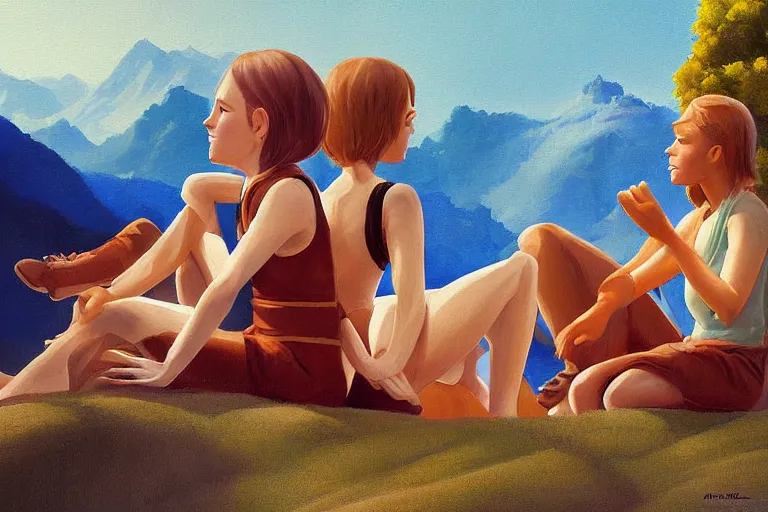 Image similar to beautiful painting of friends, beautiful faces, sitting on the edge, cute, soft light, digital painting by ralph mcquarrie and rolf amrstrong and benoit b mandelbrot