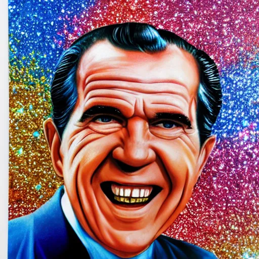 Prompt: president nixon as a smiling laughing bright blue lizard person, airbrush painting, hyper detailed, 8 k, photorealism, rule of thirds, glitter.