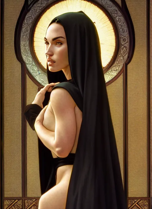 Image similar to portrait of megan fox as a sultry nun, catholic, church, bible, christian, intricate, headshot, highly detailed, digital painting, artstation, concept art, sharp focus, cinematic lighting, illustration, art by artgerm and greg rutkowski, alphonse mucha, cgsociety