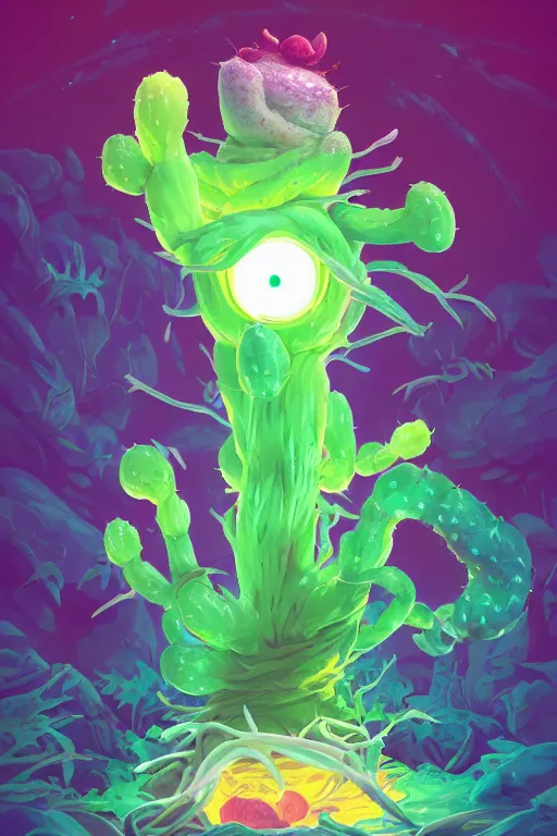 Image similar to roots cactus sushi cristal smurf ghost creature animal sushi cristal very big eye roots cactus elemental flush of force nature micro world fluo fishscale, behance hd by jesper ejsing, by rhads, makoto shinkai and lois van baarle, ilya kuvshinov, rossdraws radiating a glowing aura global illumination ray tracing hdr