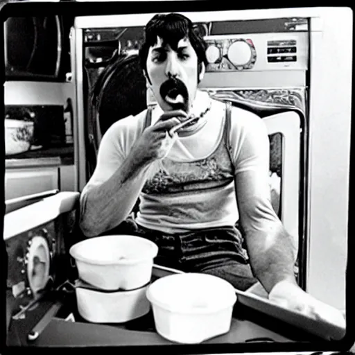 Prompt: freddie mercury eating ramen in a washing machine