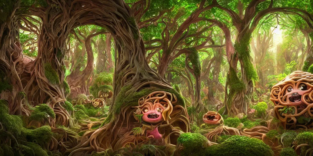 Image similar to of an intricate forest with strange cute friendly happy creatures with huge eyes, mouth, long tongue, round teeth and goofy face, appearing from the background, in the style of gehry and gaudi, macro lens, shallow depth of field, ultra detailed, digital painting, trending artstation, concept art, illustration, cinematic lighting, photorealism, epic, octane render