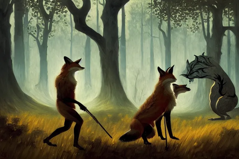 Image similar to ( ( a beautiful masterpiece painting ) a english fox hunter and a monster in a hunting lodge ( by ( barloe ) and ( anato finnstark ) and ( greg rutkowski ) and ( ) and i ( francis picabia ) ) ( camouflage ) ( hyperrealism ) ( trending on artstation )