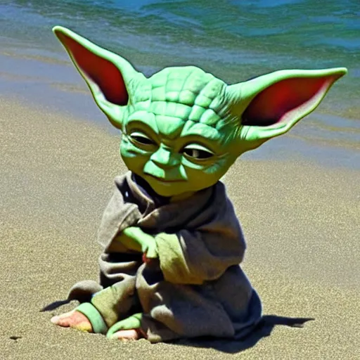 Image similar to sad real life Yoda on the beach