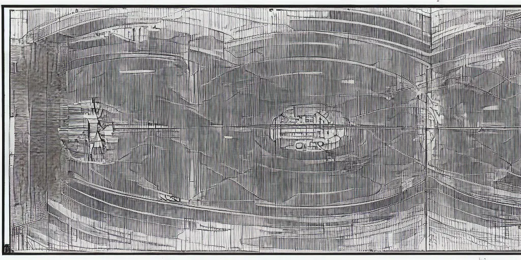 Image similar to architectural schematics of a 2950 science fiction space port in paris, drawn by Ed Wood Jr, in the style of Bauhaus