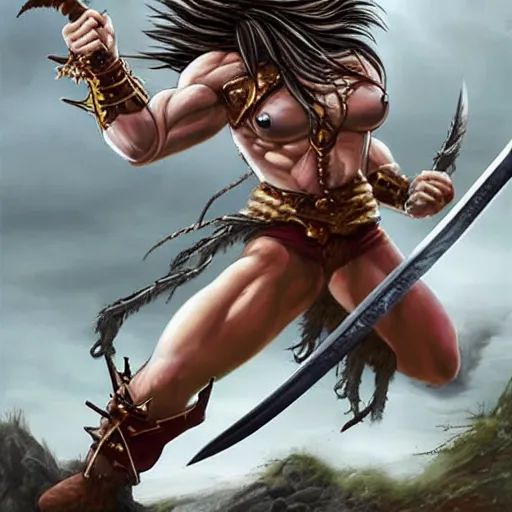 Prompt: realistic art style, warrior girl, muscular girl, wild spiky red saiyan hair, long spiky hair, electrified hair, holding scimitar made of bone, scimitar, sword, jagged sword, curved sword, orkish sword, colorized, gray skin, hyper - detailed, primeval fantasy, prehistoric fantasy, art by jacques - louis david