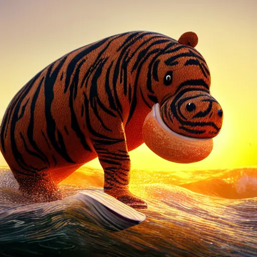 Image similar to a closeup photorealistic photograph of a cute smiling knitted tiger hippopotamus riding an epic wave at sunset. surf in the background. professional capture. brightly lit scene. this 4 k hd image is trending on artstation, featured on behance, well - rendered, extra crisp, features intricate detail, epic composition and the style of unreal engine.