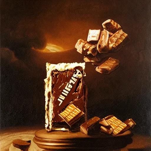 Image similar to saturn devouring a snickers chocolate bar, goya painting, in the style of goya and greg rutkowski, in the style of black paintings, 8 k, highly realistic