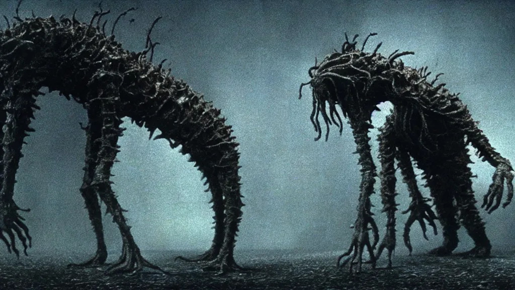Image similar to the creature from the black city, film still from the movie directed by denis villeneuve and david cronenberg with art direction by salvador dali and zdzisław beksinski, wide lens