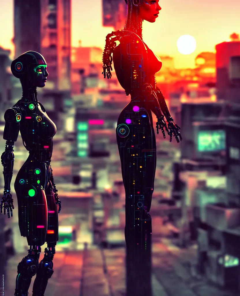 Image similar to a photo close up cyberpunk half robot half girl stands in a cyberpunk hiroshima, prefecture streets, sunset, photorealistic, cinematic lighting, very detailed, style by tomino - sama