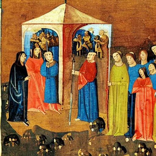 Image similar to Medieval painting about UFOs visiting Earth