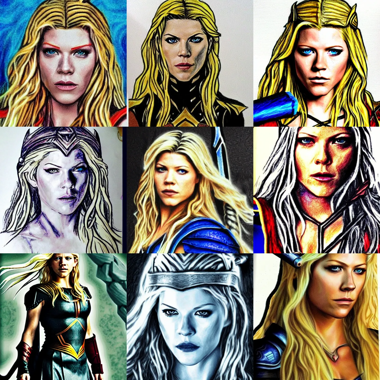 Prompt: Katheryn Winnick as Lady Thor, horrible crayon drawing, art by a blind child