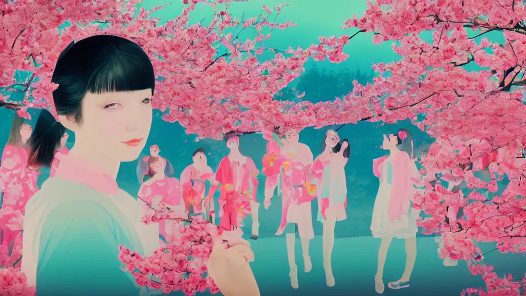 Image similar to close - up of a young pretty woman in a small group of people, a flower viewing picnic sakura, japan, a collage painting, in the style of wes anderson, lola dupre, david hockney, isolated on negative white space background dark monochrome neon fluorescent spraypaint accents volumetric octane render