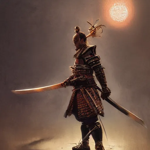 Image similar to A samurai with his sword in a defensive stance, D&D, fantasy, intricate, cinematic lighting, highly detailed, digital painting, artstation, concept art, smooth, sharp focus, illustration, art by Akihiko Yoshida, Greg Rutkowski and Alphonse Mucha