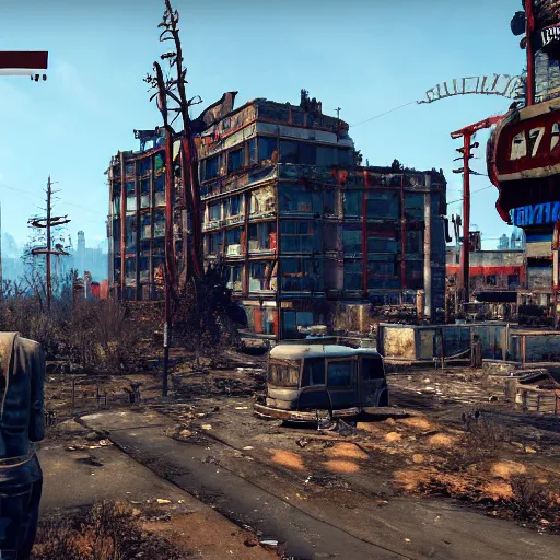 Prompt: vancouver in ruins post - nuclear war in fallout 4, in game screenshot