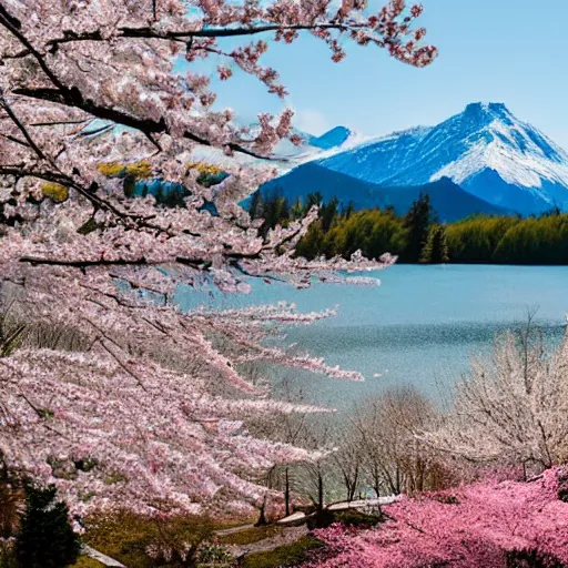 Image similar to Sakura plant forest and lakes with snow mountains at the background